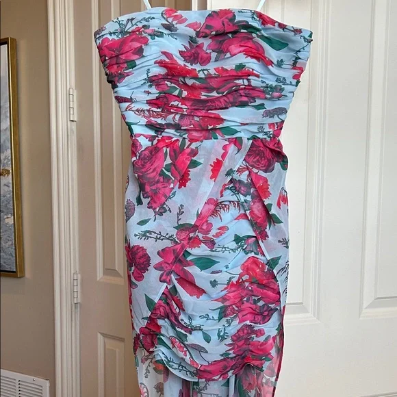 NWT Hutch Strapless Ruched Dress in Pink and Blue Floral with Gorgeous Overskirt - Picture 5 of 9